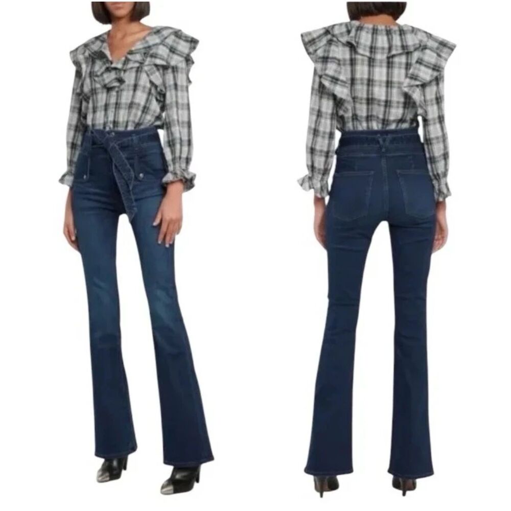 Veronica Beard Giselle Flare Extra High Rise Bright Blue Wash Belted Jeans  25/0
